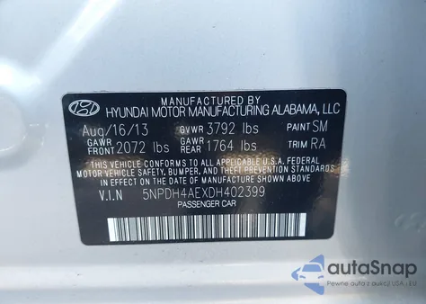2013 Hyundai Elantra Gls z USA, uszkodzony, nr VIN 5NPDH4AEXDH402399